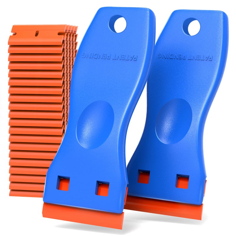 HELEMAN Plastic Razor Blades Scraper Tool - 2 Pack Wall Paint Remover with 100 Pcs Plastic Blades Kit No Scratch Car Window Glass Wood Sticker Removal Floor Stove Kitchen Vinyl Adhesive Decal Tape Cleanings - Image 1